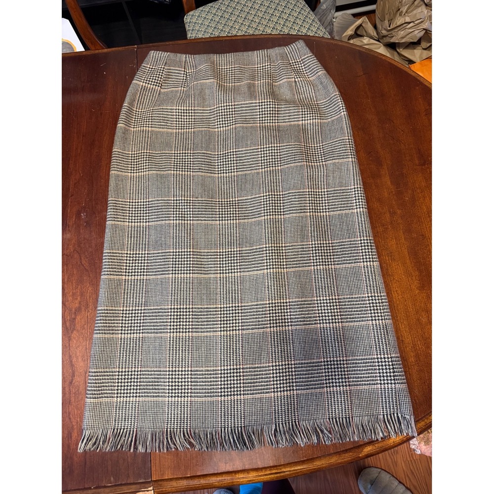 Harve Benard Sport Vintage Wool Glen Plaid Fringe Midi Pencil Skirt 14